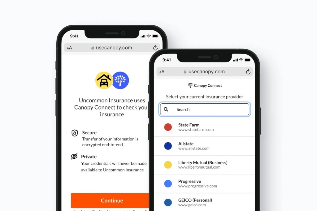 Phones showing a secure flow to connect your insurance account and share policy details with Local Life Agents.