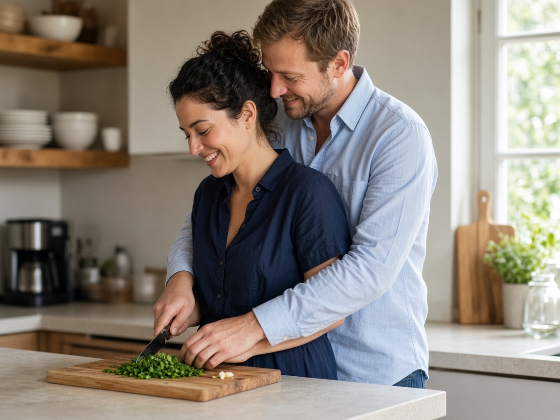 Couple hugging in a sunlit kitchen, IUL vs Roth