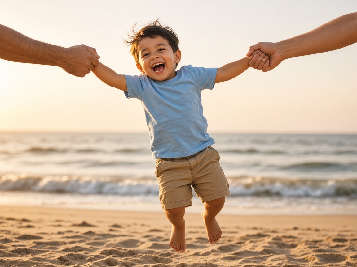 Parent swinging a child on the beach, kids IUL