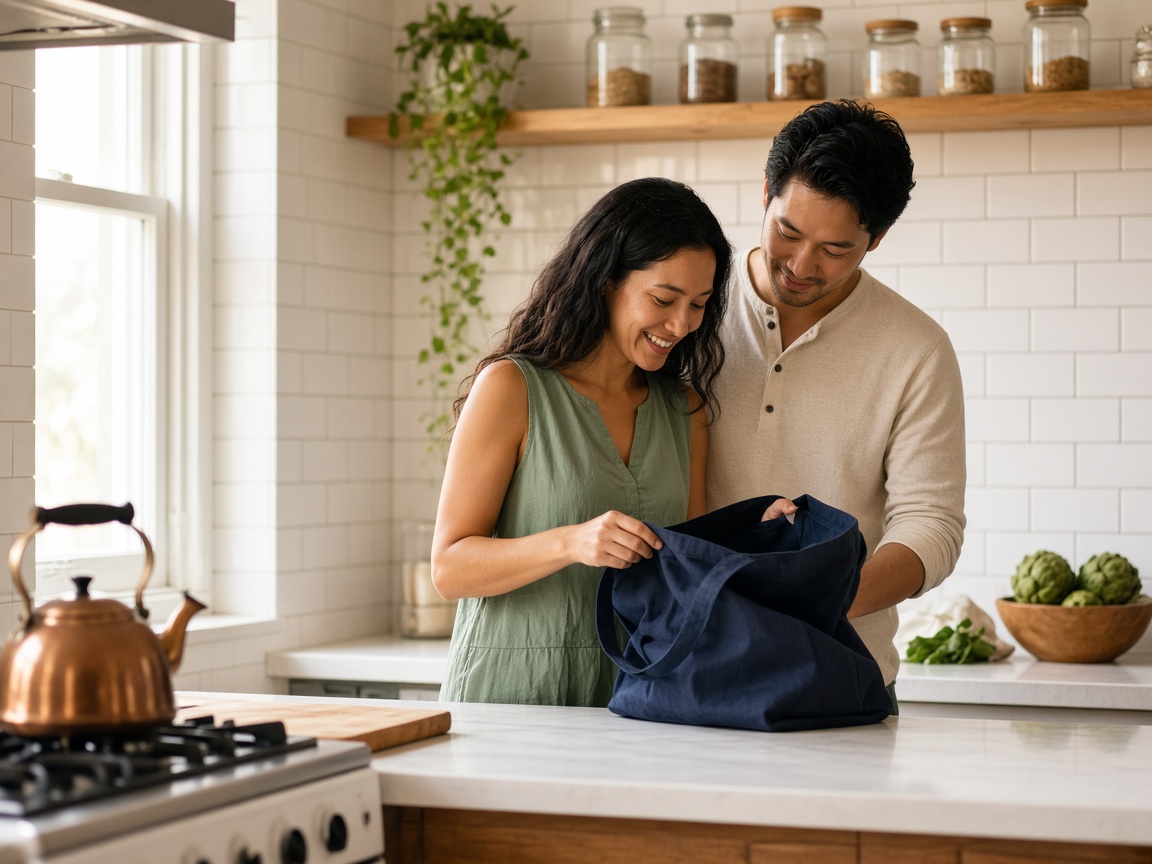 Couple unpacking groceries in a kitchen, max funded IUL