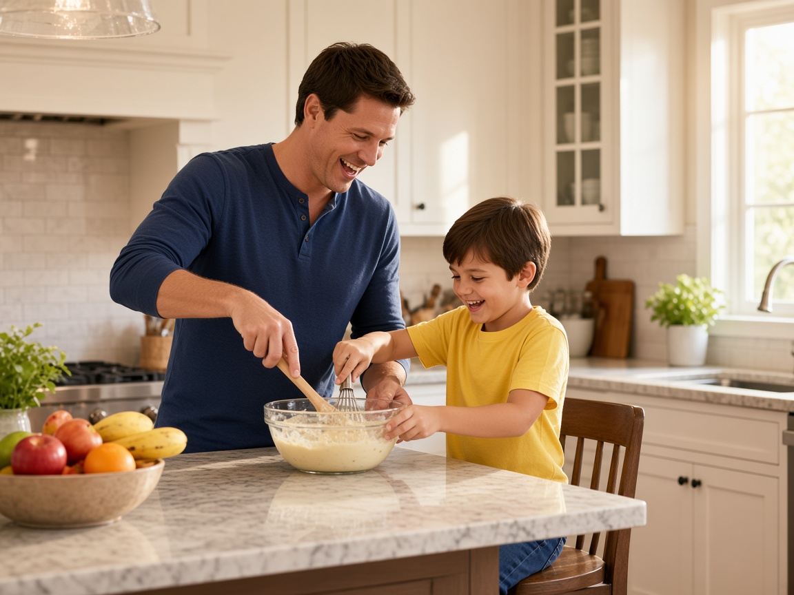 Father and young son mixing pancake batter at a kitchen island