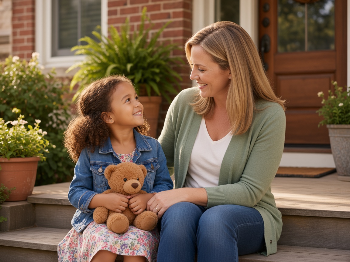 Mother and young daughter sitting together on front porch steps